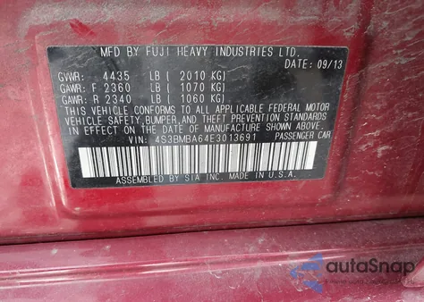 2014 Subaru Legacy 2.5I from USA, damaged, VIN 4S3BMBA64E3013691